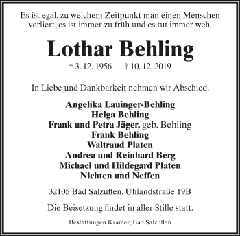 Anzeige  Lothar Behling  Lippische Landes-Zeitung