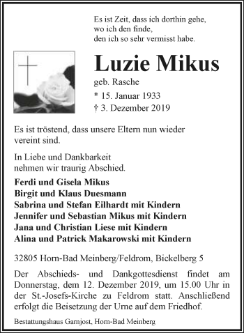 Anzeige  Luzie Mikus  Lippische Landes-Zeitung