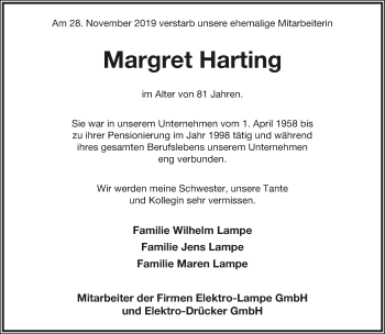 Anzeige  Margret Harting  Lippische Landes-Zeitung