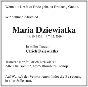 Anzeige  Maria Dziewiatka  Lippische Landes-Zeitung