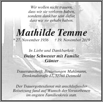 Anzeige  Mathilde Temme  Lippische Landes-Zeitung