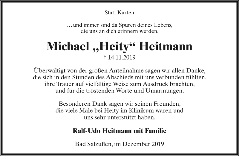  Traueranzeige für Michael Heitmann vom 21.12.2019 aus Lippische Landes-Zeitung