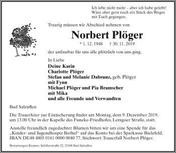 Anzeige  Norbert Plöger  Lippische Landes-Zeitung