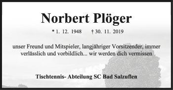 Anzeige  Norbert Plöger  Lippische Landes-Zeitung