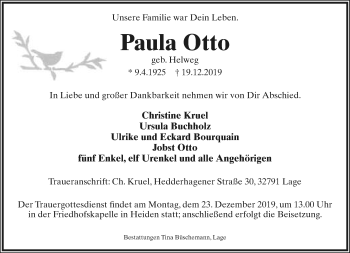 Anzeige  Paula Otto  Lippische Landes-Zeitung
