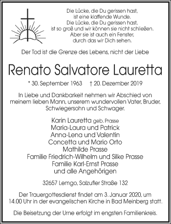 Anzeige  Renato Salvatore Lauretta  Lippische Landes-Zeitung