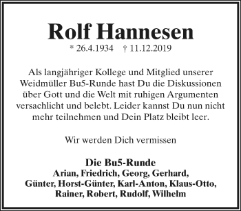 Anzeige  Rolf Hannesen  Lippische Landes-Zeitung