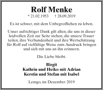 Anzeige  Rolf Menke  Lippische Landes-Zeitung