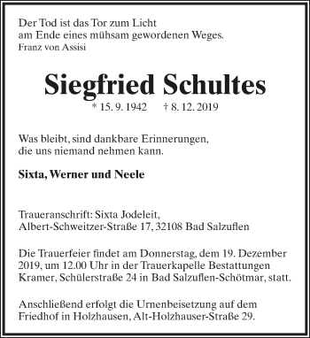 Anzeige  Siegfried Schultes  Lippische Landes-Zeitung
