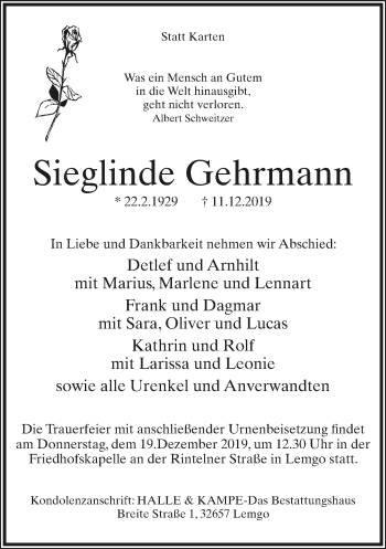 Anzeige  Sieglinde Gehrmann  Lippische Landes-Zeitung