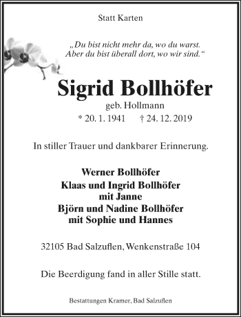 Anzeige  Sigrid Bollhöfer  Lippische Landes-Zeitung