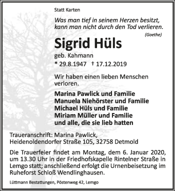 Anzeige  Sigrid Hüls  Lippische Landes-Zeitung