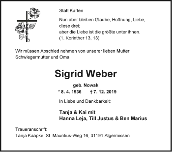Anzeige  Sigrid Weber  Lippische Landes-Zeitung