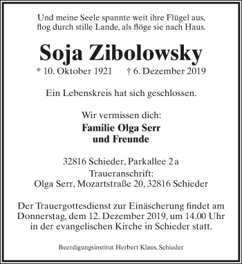 Anzeige  Soja Zibolowsky  Lippische Landes-Zeitung