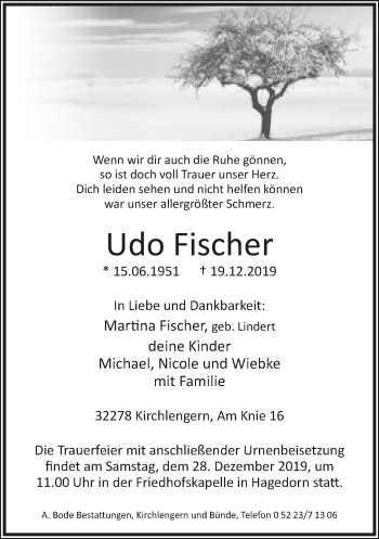 Anzeige  Udo Fischer  Lippische Landes-Zeitung