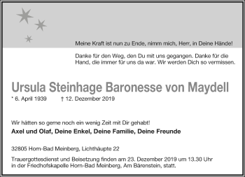 Anzeige  Ursula Steinhage Baronesse von Maydell  Lippische Landes-Zeitung