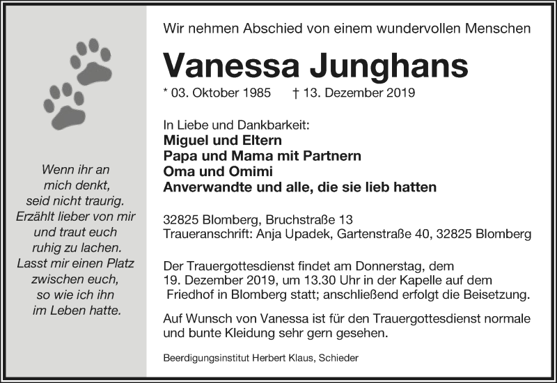  Traueranzeige für Vanessa Junghans vom 17.12.2019 aus Lippische Landes-Zeitung