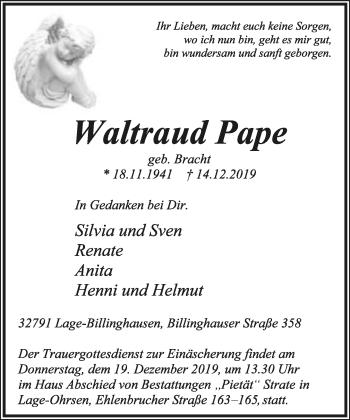 Anzeige  Waltraud Pape  Lippische Landes-Zeitung