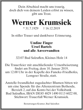 Anzeige  Werner Krumsiek  Lippische Landes-Zeitung