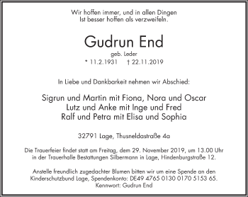 Anzeige  Gudrun End  Lippische Landes-Zeitung