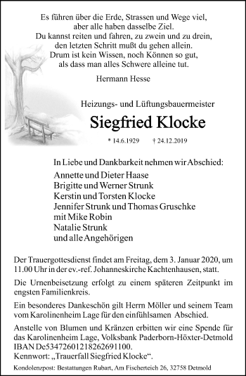 Anzeige  Siegfried Klocke  Lippische Landes-Zeitung