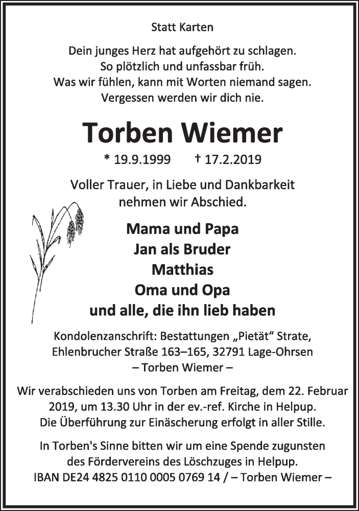  Traueranzeige für Torben Wiemer vom 20.02.2019 aus Lippische Landes-Zeitung