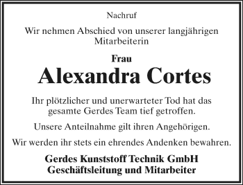 Anzeige  Alexandra Cortes  Lippische Landes-Zeitung