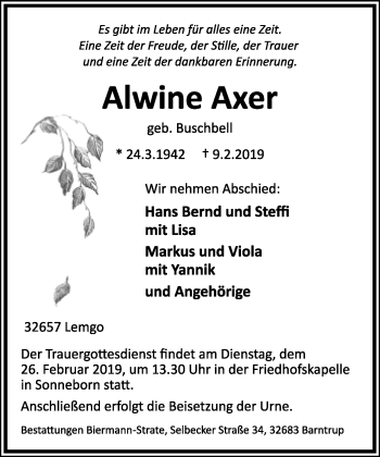Anzeige  Alwine Axer  Lippische Landes-Zeitung