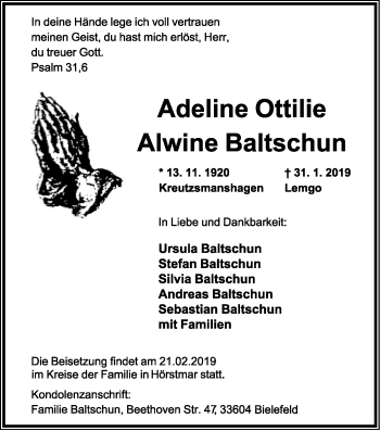 Anzeige  Adeline Ottilie Alwine Baltschun  Lippische Landes-Zeitung