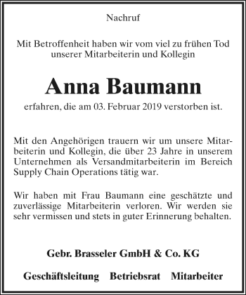 Anzeige  Anna Baumann  Lippische Landes-Zeitung