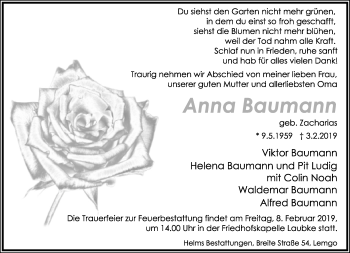 Anzeige  Anna Baumann  Lippische Landes-Zeitung