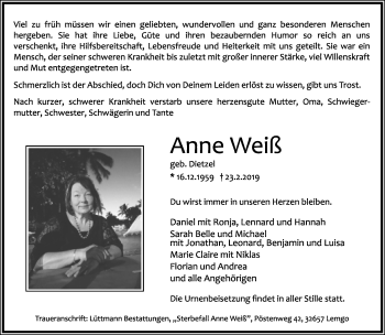Anzeige  Anne Weiß  Lippische Landes-Zeitung