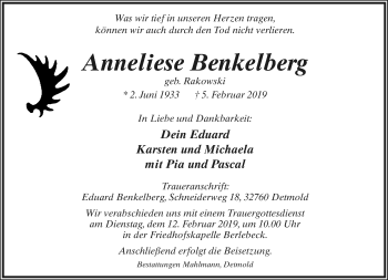 Anzeige  Anneliese Benkelberg  Lippische Landes-Zeitung