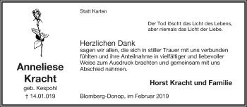 Anzeige  Anneliese Kracht  Lippische Landes-Zeitung