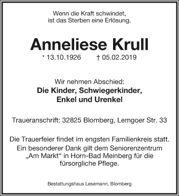 Anzeige  Anneliese Krull  Lippische Landes-Zeitung