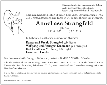Anzeige  Anneliese Strangfeld  Lippische Landes-Zeitung