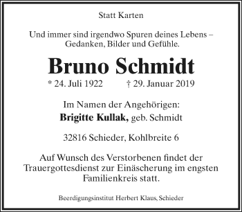 Anzeige  Bruno Schmidt  Lippische Landes-Zeitung