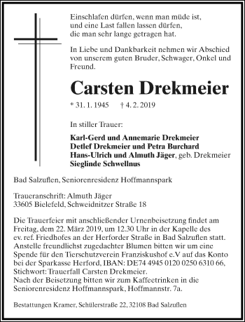 Anzeige  Carsten Drekmeier  Lippische Landes-Zeitung