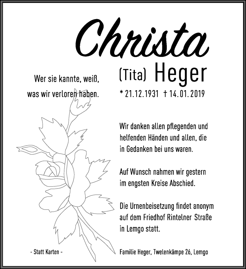  Traueranzeige für Christa Heger vom 02.02.2019 aus Lippische Landes-Zeitung