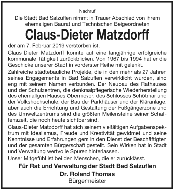 Anzeige  Claus-Dieter Matzdorff  Lippische Landes-Zeitung