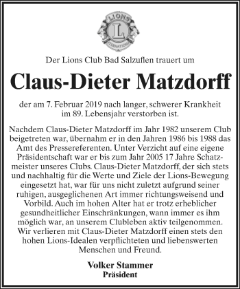 Anzeige  Claus-Dieter Matzdorff  Lippische Landes-Zeitung