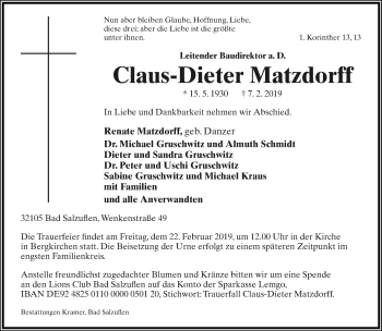 Anzeige  Claus-Dieter Matzdorff  Lippische Landes-Zeitung
