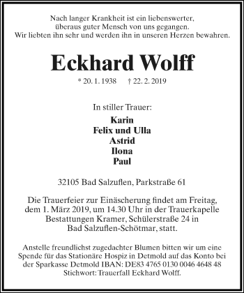 Anzeige  Eckhard Wolff  Lippische Landes-Zeitung