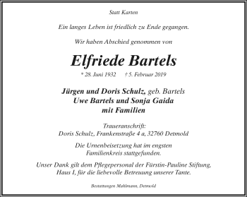 Anzeige  Elfriede Bartels  Lippische Landes-Zeitung