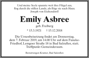 Anzeige  Emily Asbree  Lippische Landes-Zeitung