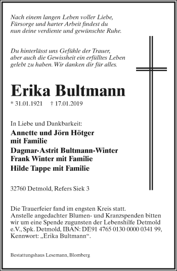Anzeige  Erika Bultmann  Lippische Landes-Zeitung