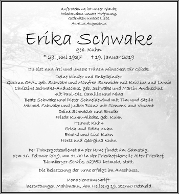Anzeige  Erika Schwake  Lippische Landes-Zeitung