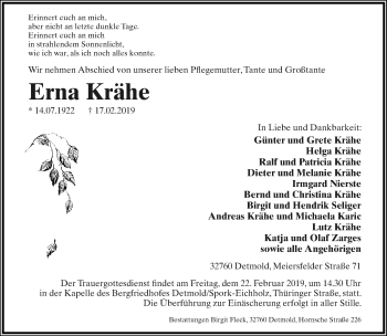 Anzeige  Erna Krähe  Lippische Landes-Zeitung