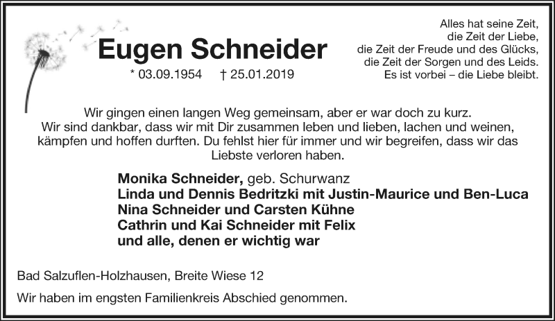  Traueranzeige für Eugen Schneider vom 02.02.2019 aus Lippische Landes-Zeitung