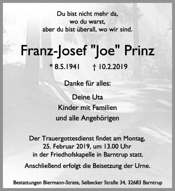Anzeige  Franz-Josef Prinz  Lippische Landes-Zeitung